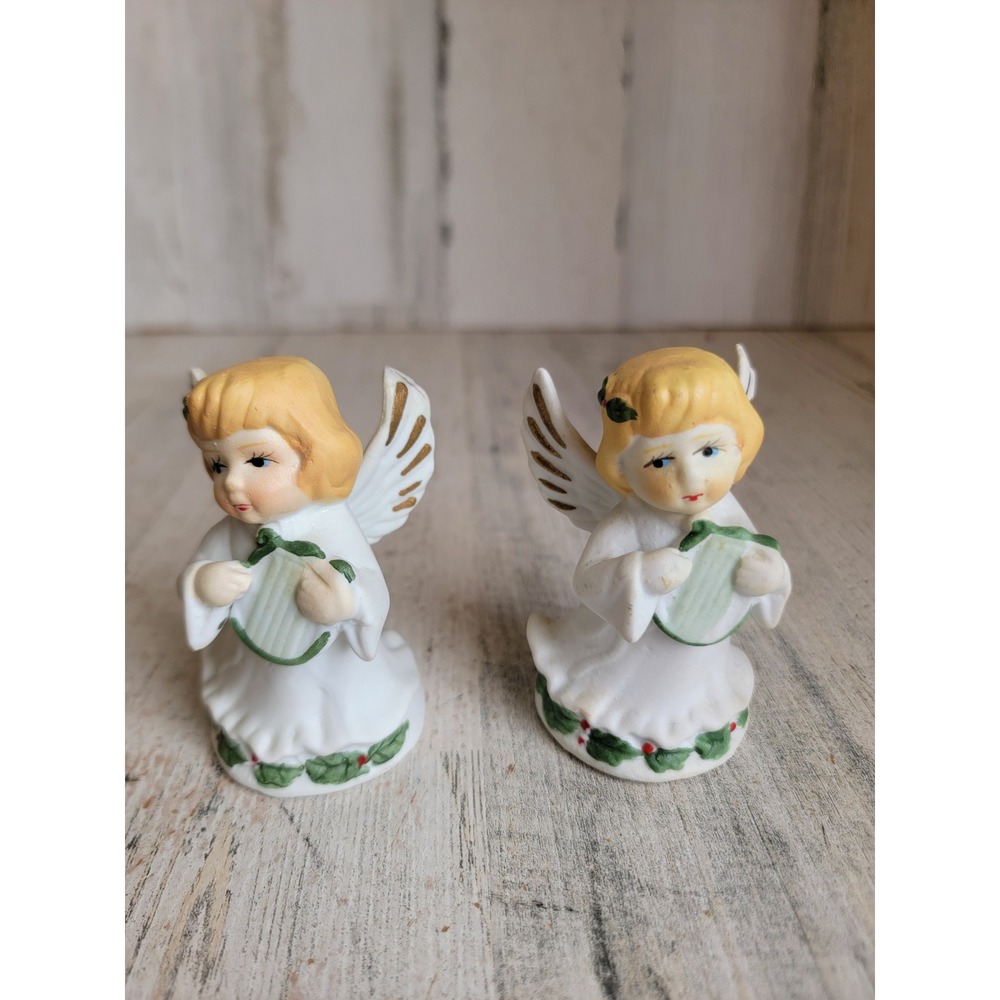 Angel harp porcelain vintage cherub music Xmas religious figure set home